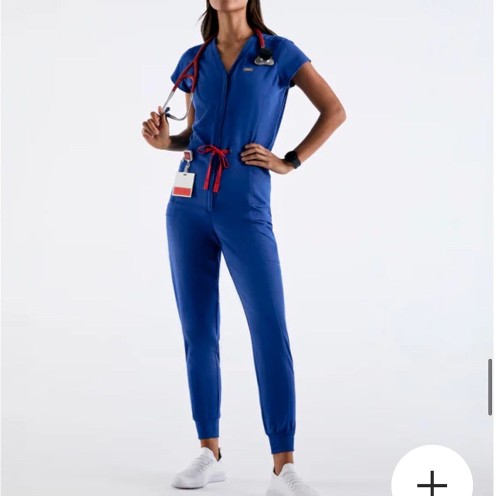 Figs Women's Royal Blue Jumpsuit Scrub with Red Drawstring